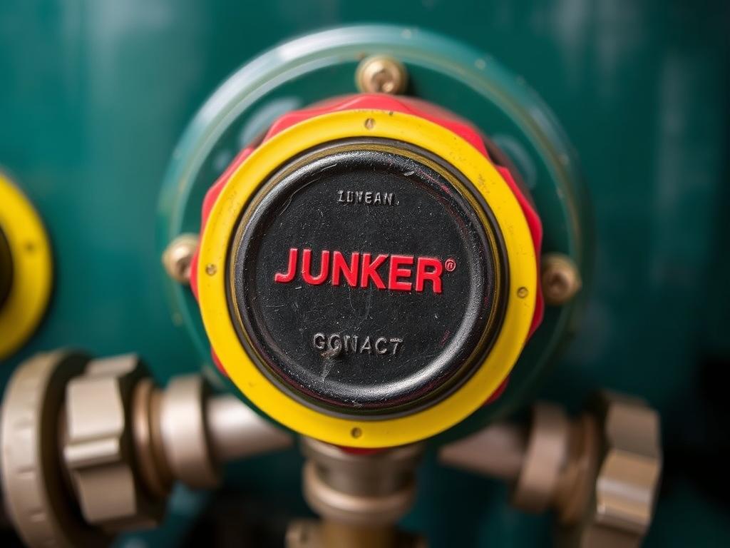 Zawór upustowy w piecu gazowym Junkers z charakterystycznym żółtym pierścieniem Zawór upustowy w piecu gazowym Junkers z charakterystycznym żółtym pierścieniem
